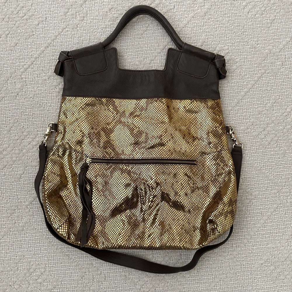 Foley & Corina Gold Snakeskin Handbag with Shoulder Strap